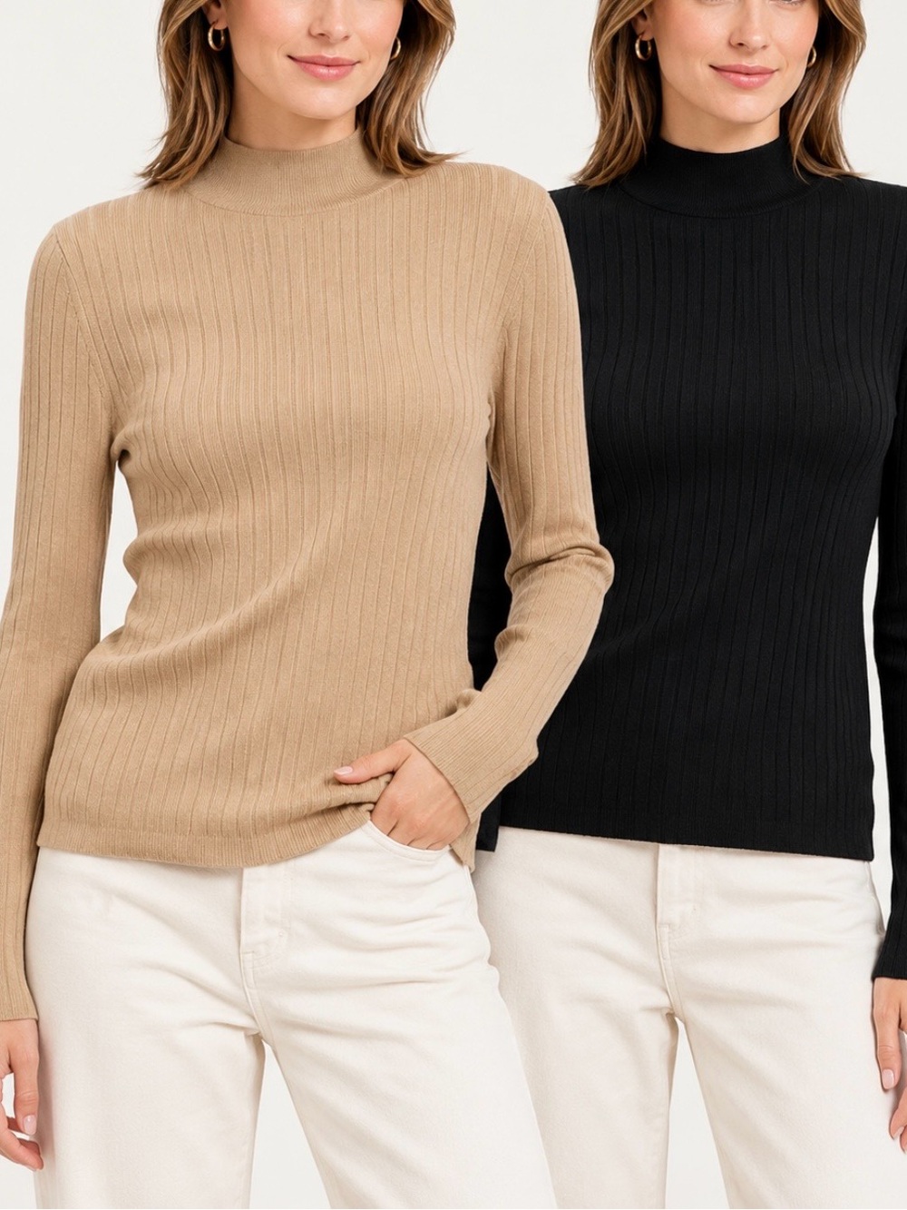 Ribbed Mock Neck Sweaters in Camel and Black